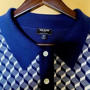 Todd Snyder polo sweater in navy and white